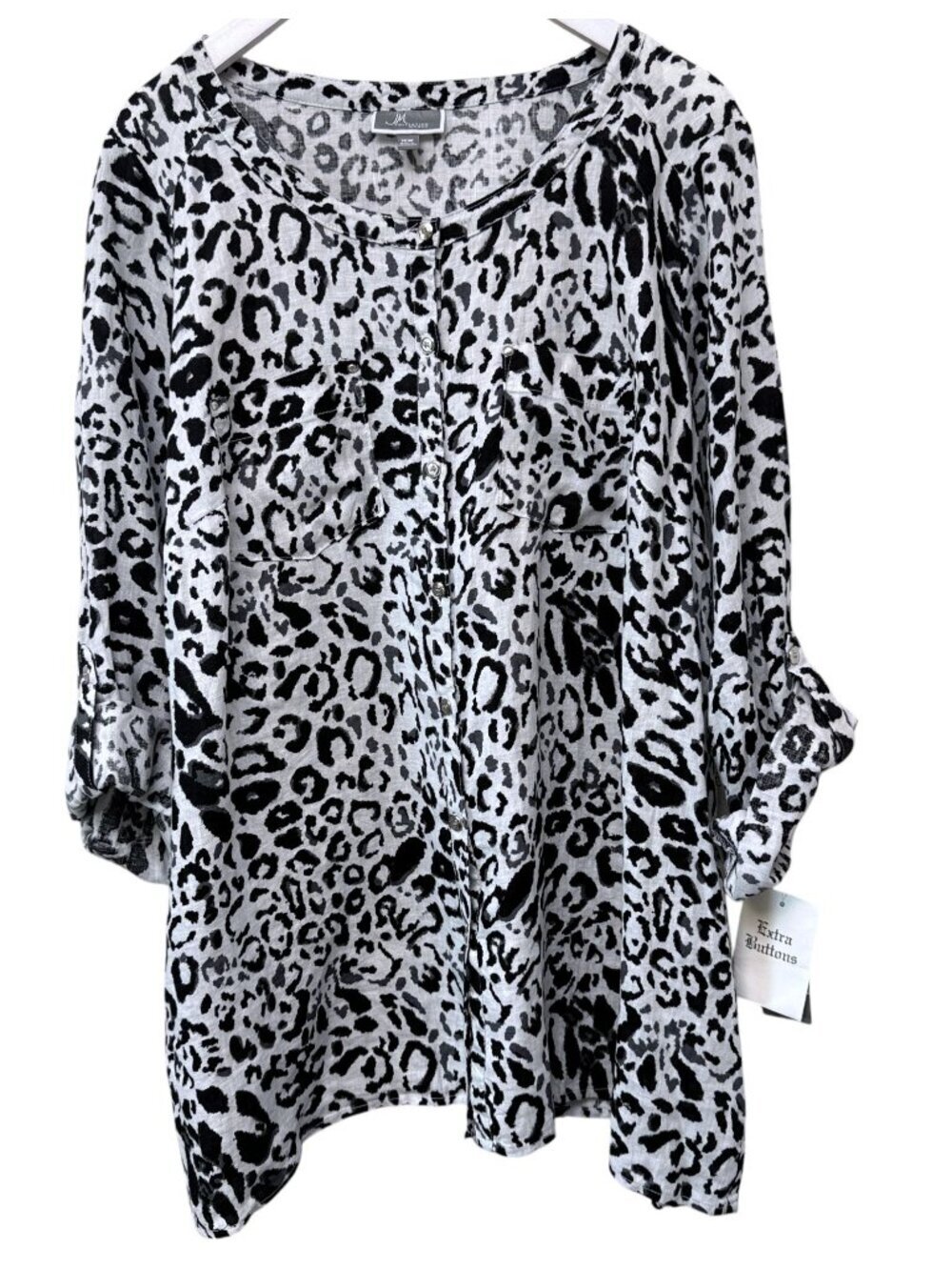 JM Collection Linen Tunic Top Women's Size 16W Black White Leopard Blouse NWT